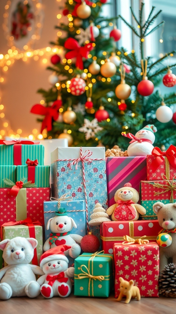 A collection of cute Christmas gifts including plush toys, wrapped presents, and holiday decorations.